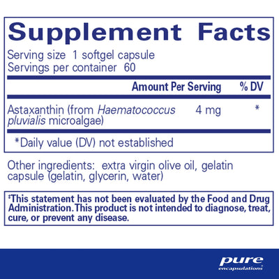 Ingredients: Astaxanthin (from Haematococcus pluvialis microalgae) 4mg 