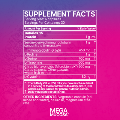 Ingredients: 180Caps Serum-derived immunoglobulin concentrate, Immunoglobulin G, L-Proline, L-Serine, L-Threonine, Citrus bioflavonoids (Microbiomex), Citrus sinensis citrus paradisi whole fruit extract, L-Cysteine.