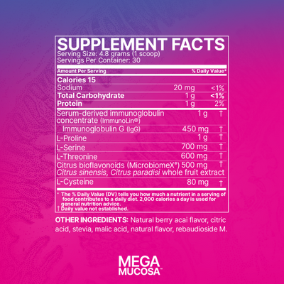 Ingredients: 144.6g powder, Serum-derived immunogloblin concentrate (immunolin) L--Proline, L-Serine, L-Threonine, Citrus bioflavonoids (Microbiomex)(, Citrus sinensis, Citrus paradisi whole fruit extract, L-Cysteine. 