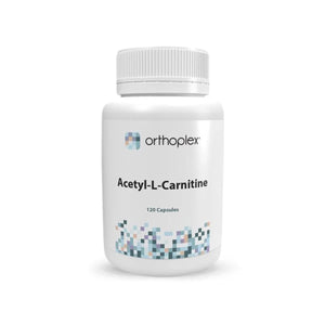 A Supplement container with the name Acetyl-L-Carnitine by Orthoplex White. 
