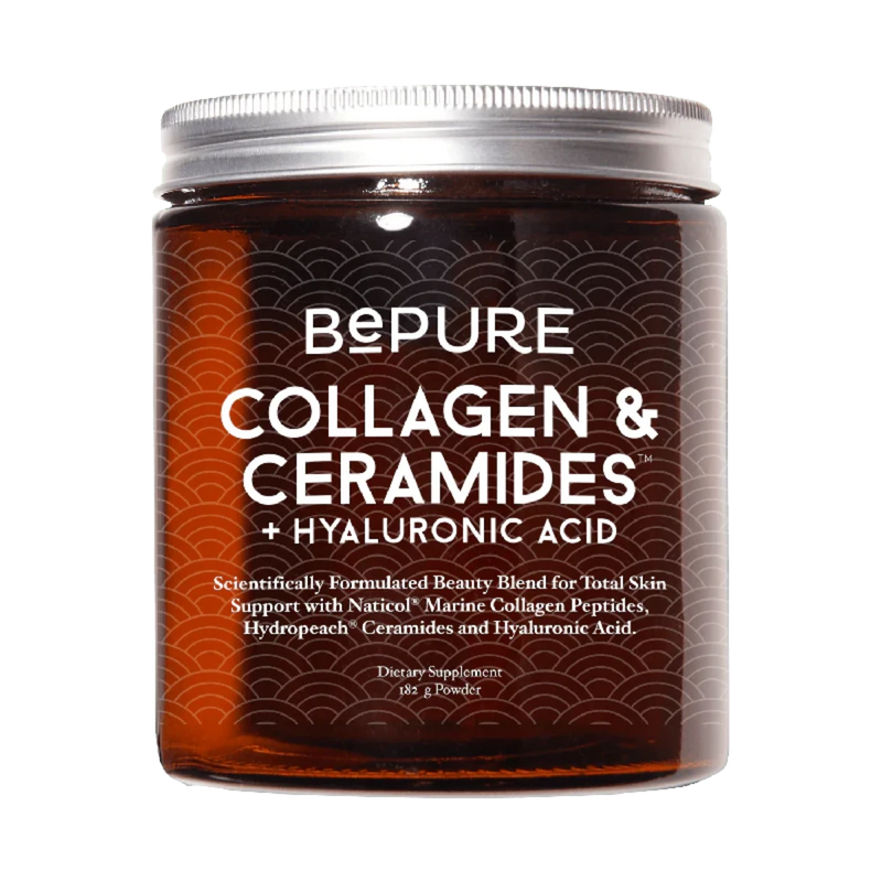 A Supplement container with the name Collagen & Ceramides +  Hyaluronic Acid by BePure.
