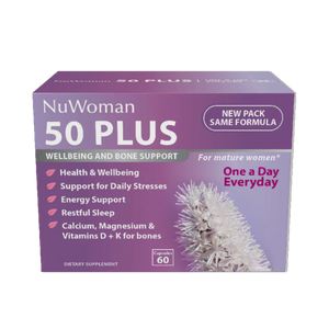 A Supplement container with the name 50 Plus Wellbing and Bone Support (60 Caps) by NuWoman.