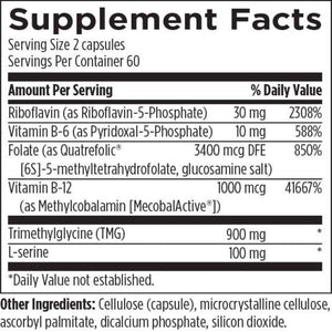 Text describing the ingredients: Riboflavin, Vitamin B-6, Folate, Vitamin B-12, Trimethylglycine,  L-serine.

Cellulose (capsule), microcrystalline cellulose, acorbyl palmitate, dicalcium phosphate, silicon dioxide