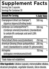 Text listing the ingredients including Champignon, Champex, Agaricus bisporus, Cordyceps sinensis, mycelium, Poria cocos, Sclerotium, American Ginsing, Panax quinquefolius, Gensenosides, Astragalus membranaceus