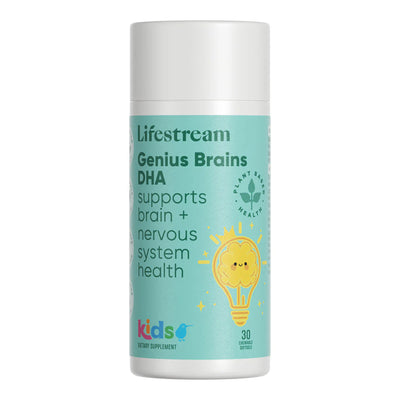 A Supplement container with the name Genius Brains DHA Kids by Lifestream