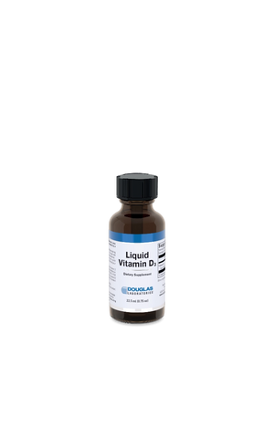 A supplement bottle with the name Liquid Vitamin D3 by Douglas Labs