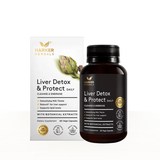 Image of a hite supplement box package harker herbals liver detox and protect daily cleanse and energise detoxify milk thistle robuvit for liver support supports lipid levels with botanical extracts dietary supplement 60 vege capsules 