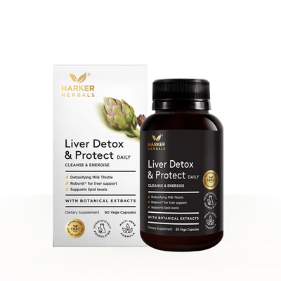 Image of a hite supplement box package harker herbals liver detox and protect daily cleanse and energise detoxify milk thistle robuvit for liver support supports lipid levels with botanical extracts dietary supplement 60 vege capsules 