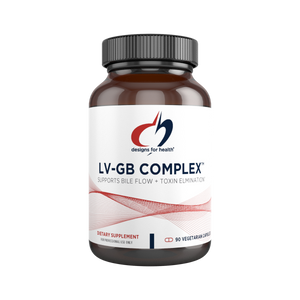 A bottle of LV-GB Complex supplement by Designs for Health, which is intended to support liver and gallbladder function - toxin elimination. The bottle is dark and has a label that is primarily white and red with text and branding.