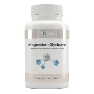 Image of a white supplement bottle that says rn labs magnesium glycinate magnesium (as magnesium glycinate) 150 mg 90 capsules 