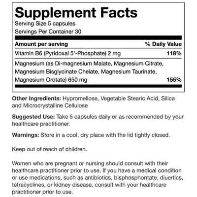 Text listing the ingredients including Vitamin b6, p5p, Magnesium, Malate, Citrate, Bisglycinate, Taurinate, Orotate.