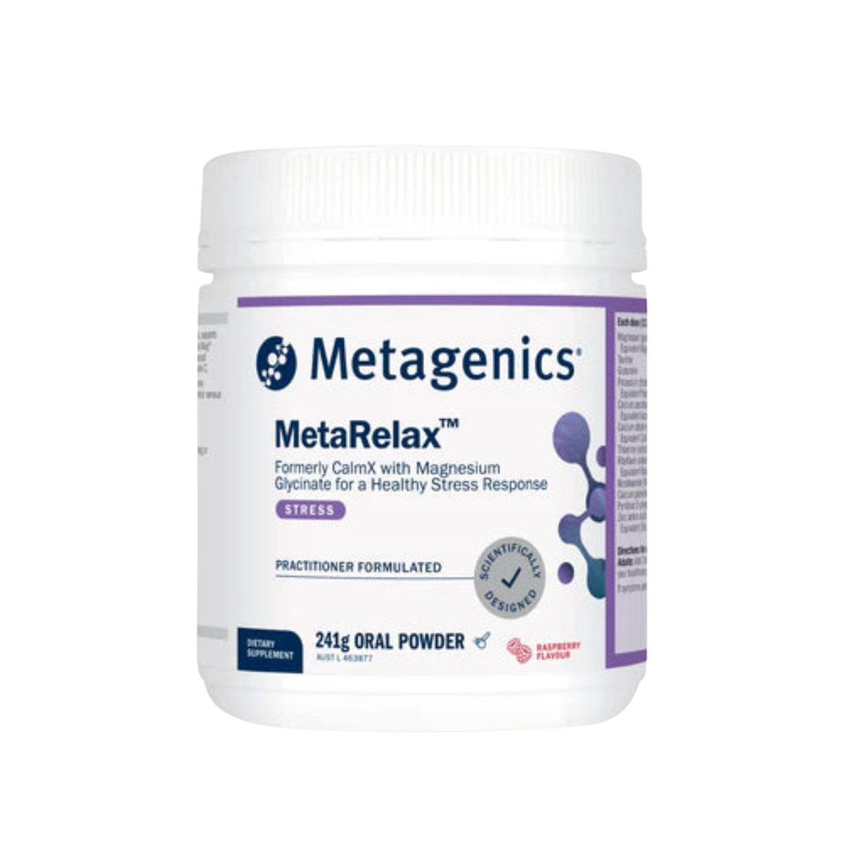 A Supplement container with the name MetaRelax  Raspberry 241g (formerly CalmX) by Metagenics.