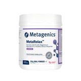 A Supplement container with the name MetaRelax  Raspberry 241g (formerly CalmX) by Metagenics.