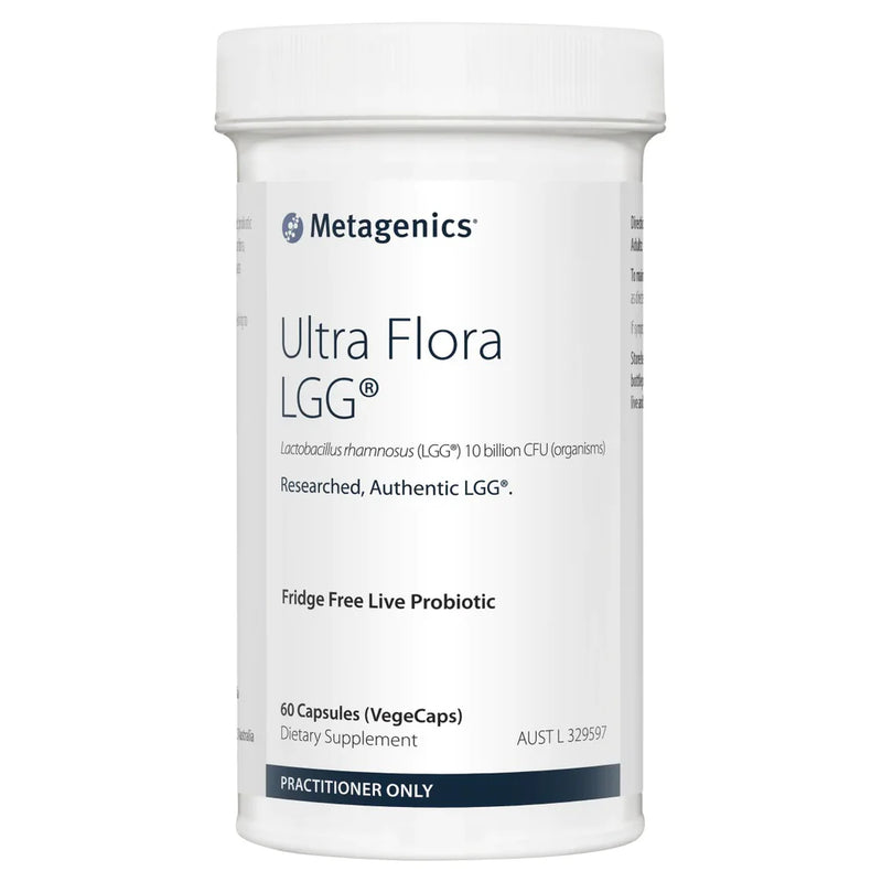 A Supplement container with the name Ultra Flora LGG by Metagenics.