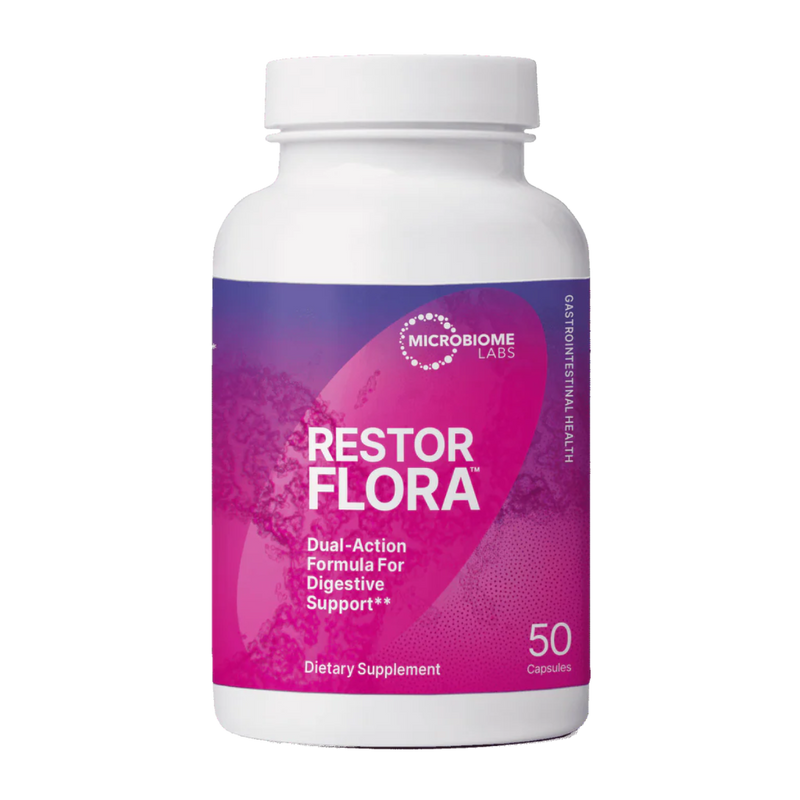 A Supplement container with the name RestorFlora by Microbiome Labs