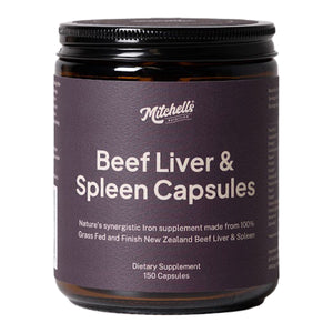 A Supplement container with the name Beef Liver & Spleen Capsules by Mitchell's Nutrition.