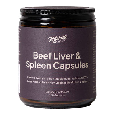 A Supplement container with the name Beef Liver & Spleen Capsules by Mitchell's Nutrition.