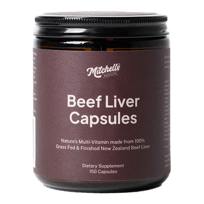 A Supplement container with the name Beef Liver Capsules by Mitchell's Nutrition.