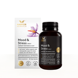 Image of a white supplement box packaging that says harker herbals mood and stress daily support for mood and calm safr inside saffron supports calm ashwagandha support for stress healthy skin with skinax lift with botanical extracts dietary supplement 60 vege capsules 