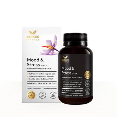 Image of a white supplement box packaging that says harker herbals mood and stress daily support for mood and calm safr inside saffron supports calm ashwagandha support for stress healthy skin with skinax lift with botanical extracts dietary supplement 60 vege capsules 
