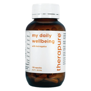 A Supplement bottle with the name my daily wellbeing by therapure.