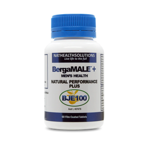 A Supplement container with the name BergaMALE + Men's Health natural performance plus by BergaMet Pro.