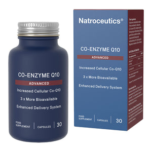 An image of a bue bottle that says Co- enzyme q10 advanced increased cellular co- q 10 3x more bioavailable enhanced delivery system 30 capsules 
