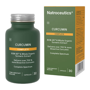 An image of a green bottle that says curcumin complete bcm-95 &whole organic turmeri extract delivers over 700% more bioactive curcumin complete spectrum complementary medicine 30 capsules 