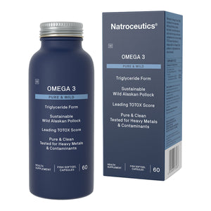 Blue supplement bottle that says omega 3 Pure and wild Triglyceride form sustainable wild alaskan pollock leading totox scre pure and clean tested for heavy metals and condiments 60 softgel capsules 