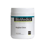 A Supplement container with the name MagDuo Citrus 240g  by BioMedica.
