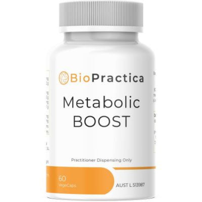 A Supplement container with the name Metabolic Boost by Bio-Practica.