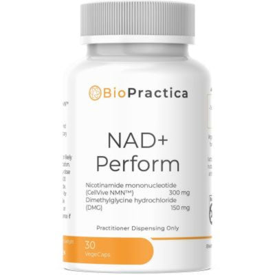 A Supplement container with the name NAD+Perform by BioPractica.