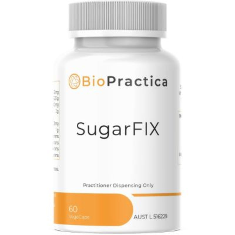 A Supplement container with the name SugarFix by BioPractica.
