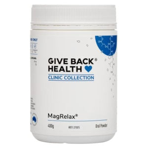 Image of a white suppelement bottle which says give back health clinic collection Magrelax each included scoop (5.3g) contains Magnesium (as magnesium citrate) 350mg, L-Glycine 3g

400g oral powder 