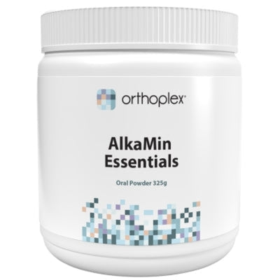 A Supplement container with the name AlkaMin Essentials by Orthoplex White
