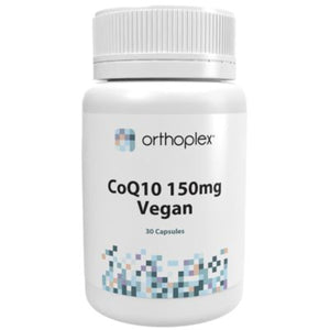 A Supplement container with the name CoQ10 150mg Vegan by Orthoplex White