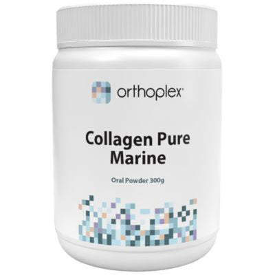 A Supplement container with the name Collagen Pure Marine by Orthoplex White.