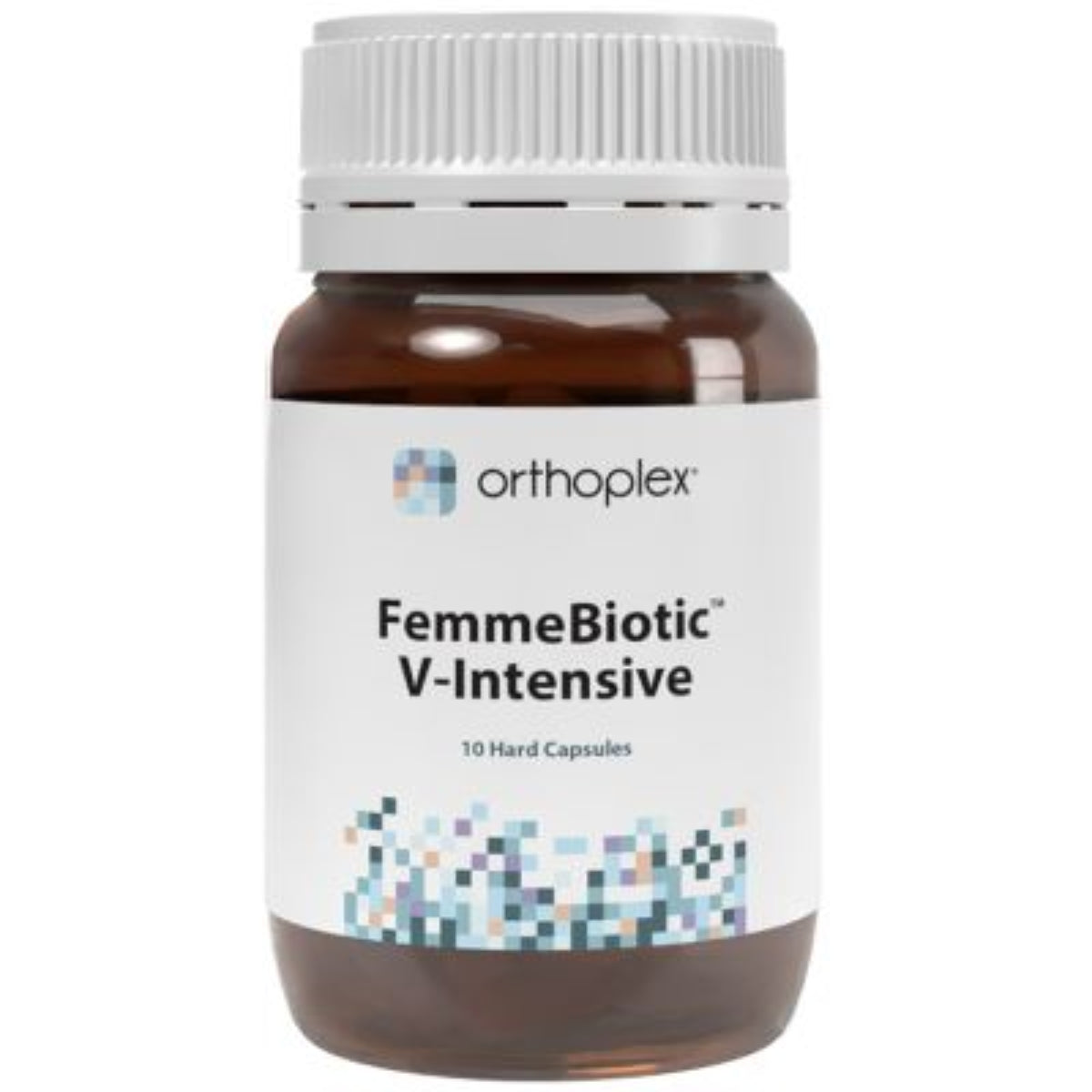 A Supplement container with the name  FemmeBiotic V-Intensive (10 Caps) by Orthoplex White