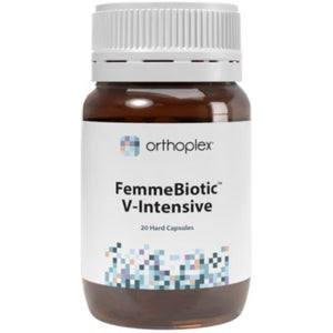 A Supplement container with the name  FemmeBiotic V-Intensive (20 Caps) by Orthoplex White