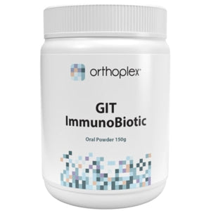 A Supplement container with the name GIT ImmunoBiotic (150g) by Orthoplex White