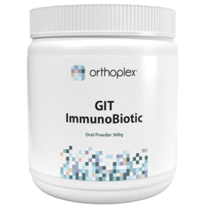 A Supplement container with the name GIT ImmunoBiotic (300g) by Orthoplex White