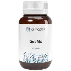A Supplement bottle with the name Gut Mx by Orthoplex white.