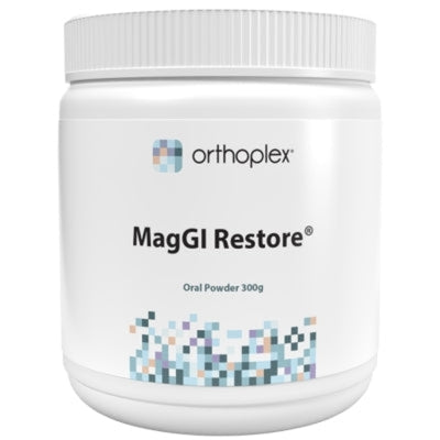 A Supplement container with the name MagGI Restore (150g)by Orthoplex White.