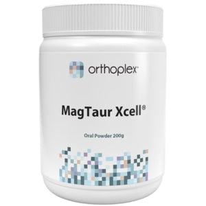 A Supplement container with the name MagTaur Xcell (200g) by Orthoplex White
