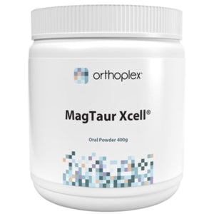 A Supplement container with the name MagTaur Xcell (400g) by Orthoplex White