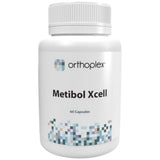 A Supplement container with the name Metibol Xcell (60 Caps) by Orthoplex White.
