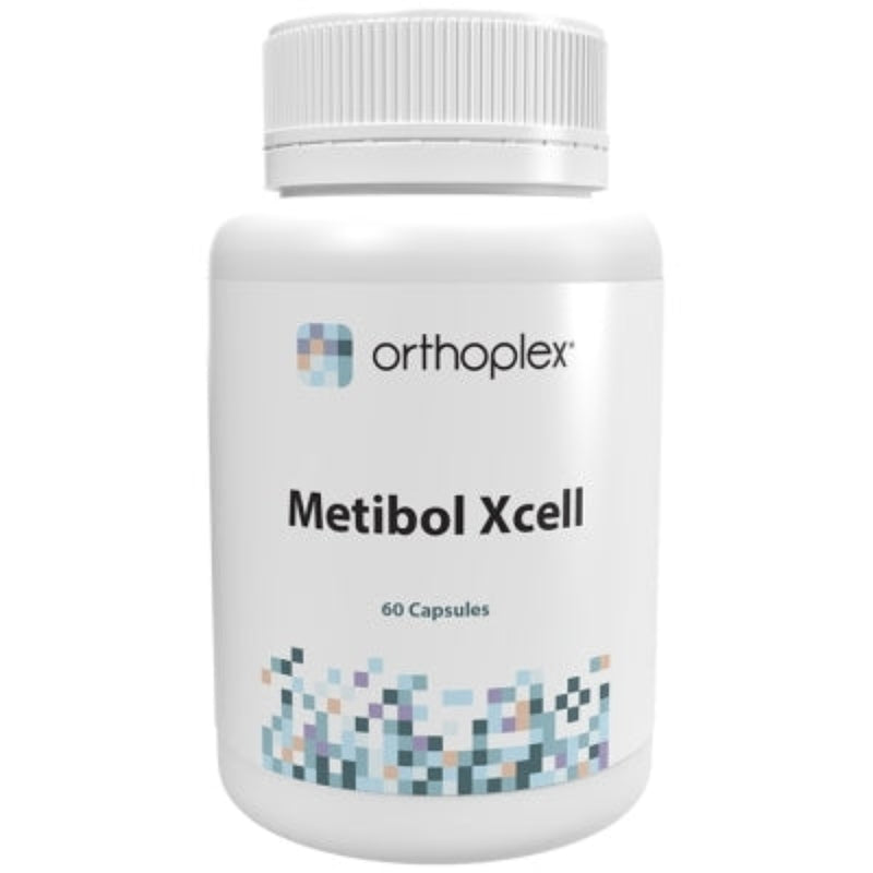 A Supplement container with the name Metibol Xcell (60 Caps) by Orthoplex White.