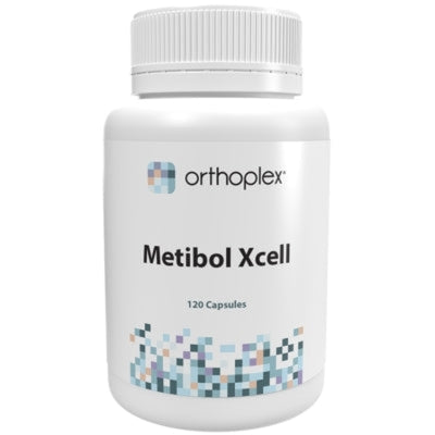 A Supplement container with the name Metibol Xcell (120 Caps) by Orthoplex White.