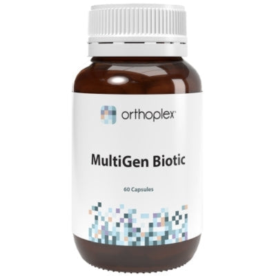 A Supplement container with the name MultiGen Biotic (60 caps) by Orthoplex White.