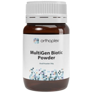 A Supplement container with the name MultiGen Biotic powder by Orthoplex White. 